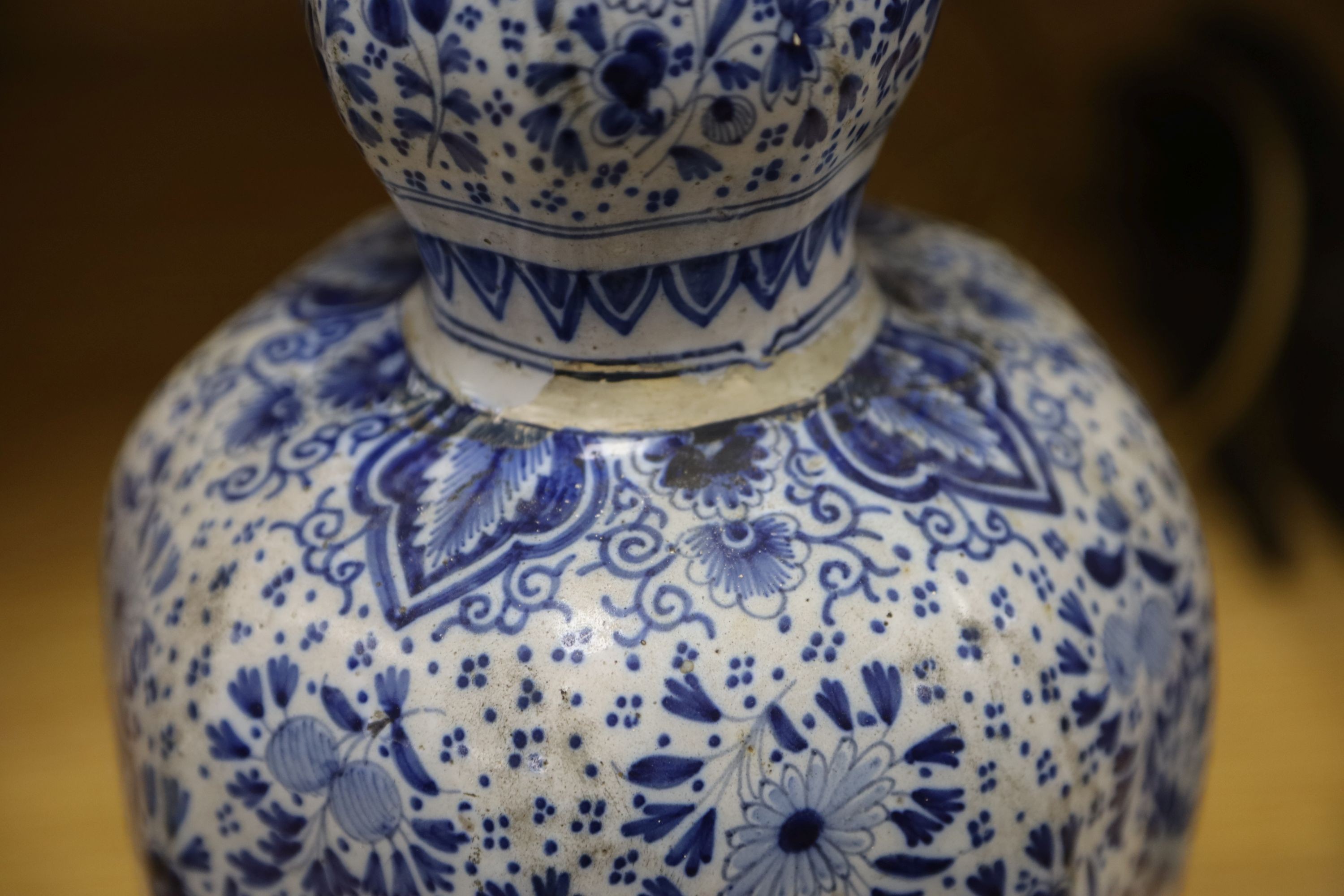 An 18th/19th century Delft blue and white octagonal double gourd vase, mounted as a lamp 50 cm